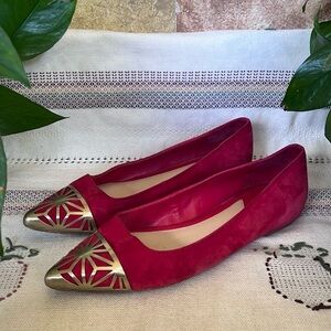 Brian Atwood Women’s Pointed Toe Metallic Cap Leather Suede Shini Red Flats